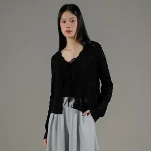 This Is April Robbie Cardigan Rajut Atasan Wanita Lengan Panjang Gaya Boho Chic Knitwear Outerwear Aesthetic Mewah Black dan Ivory