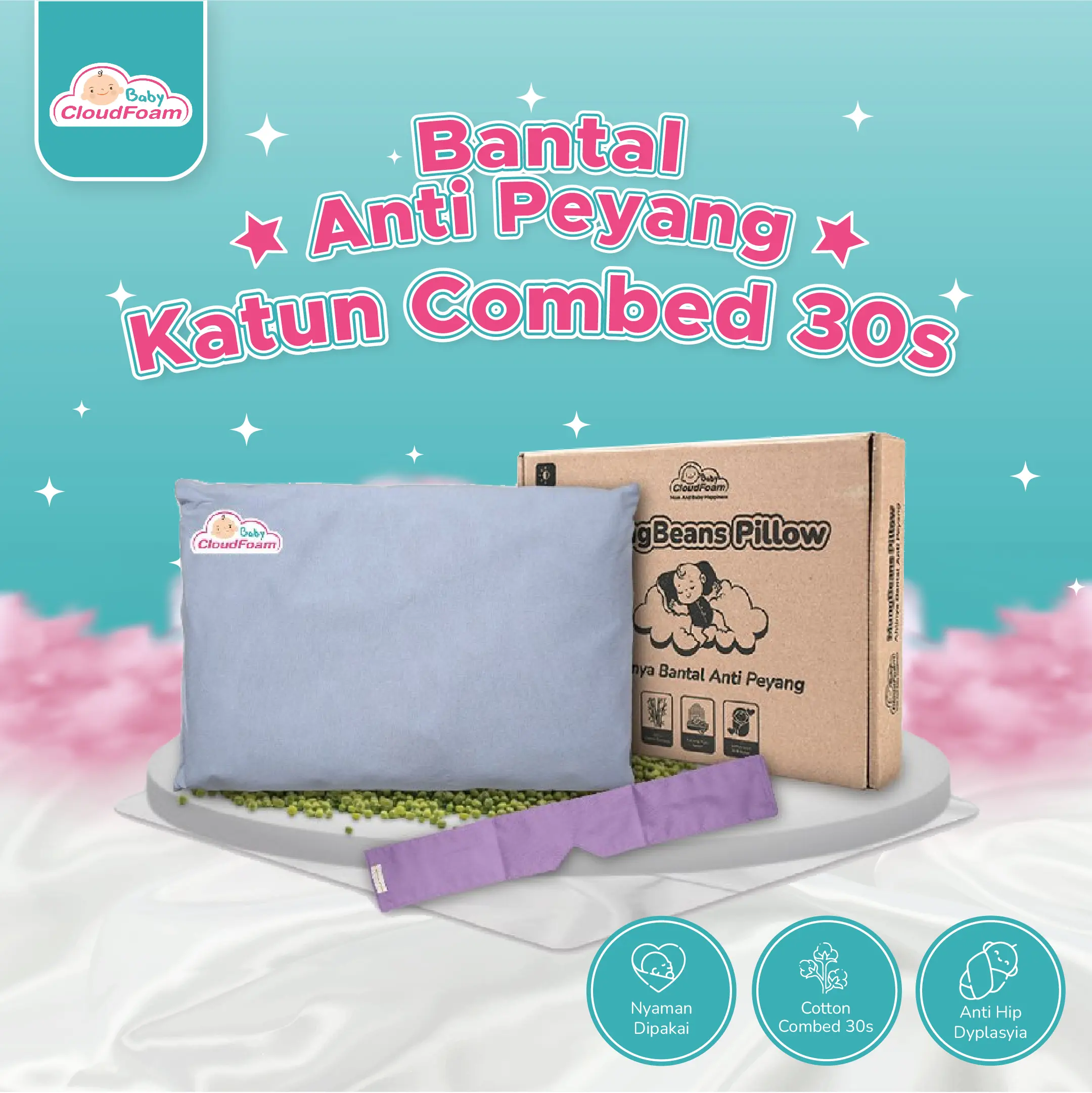 Bantal Anti Peyang Cotton Combed 30s Baby Cloudfoam - Sarung Waterproof - Bayi