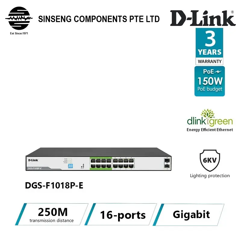 D-Link Full-Gigabit 16 Port PoE Switch 16GE PoE+2 SFP Ports (250M) Model:DGS-F1018P-E