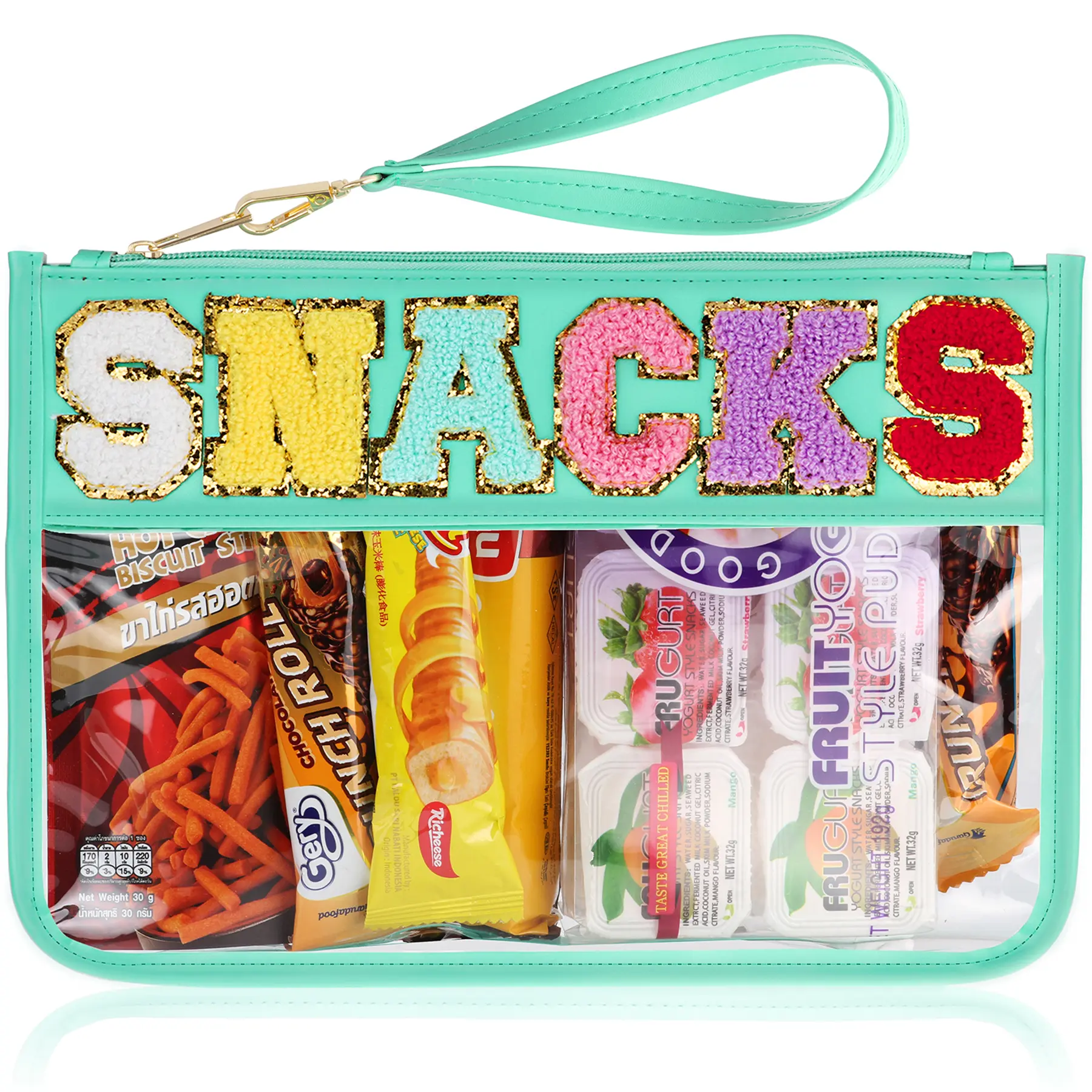 Chenille Letter Clear Zipper Pouch for Travel,Nylon Clear Cosmetic Bag,Travel Makeup Bag Snack Bag for Women Girls