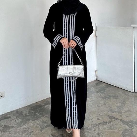 Abaya Gamis ALKHATIB Hitam Nella Motif Jetblack Ready Wanita Muslim Grade A Ukuran S M L XL XXL gamisabaya 3