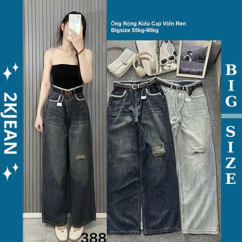 Quần suông ống rộng jean nữ Rách gối Cạp Viền Ren Bigsize 55-90kg, kiểu dáng ống rộng hàng QC 2KJeans QC388