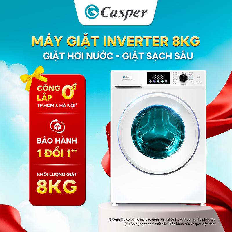 Máy giặt cửa ngang Casper Inverter 8KG - Giặt hơi nước, Fuzzy Logic tối ưu nước - WF-DE8VW2