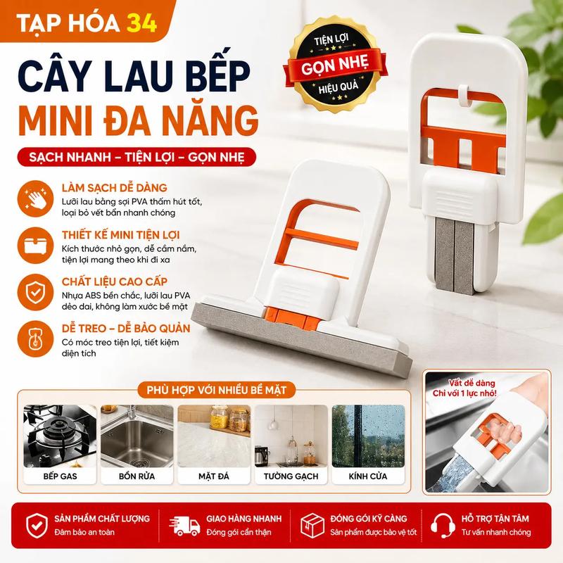 Cây lau bếp mini tiện dụng, bọt biển siêu thấm hút, tự vắt khô, lau sạch kính -…