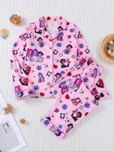 Conjunto de pijama para niños con estampado de Papá Noel navideño, camisa ajustada de manga larga y pantalones, tela delgada, ropa casual para el hogar