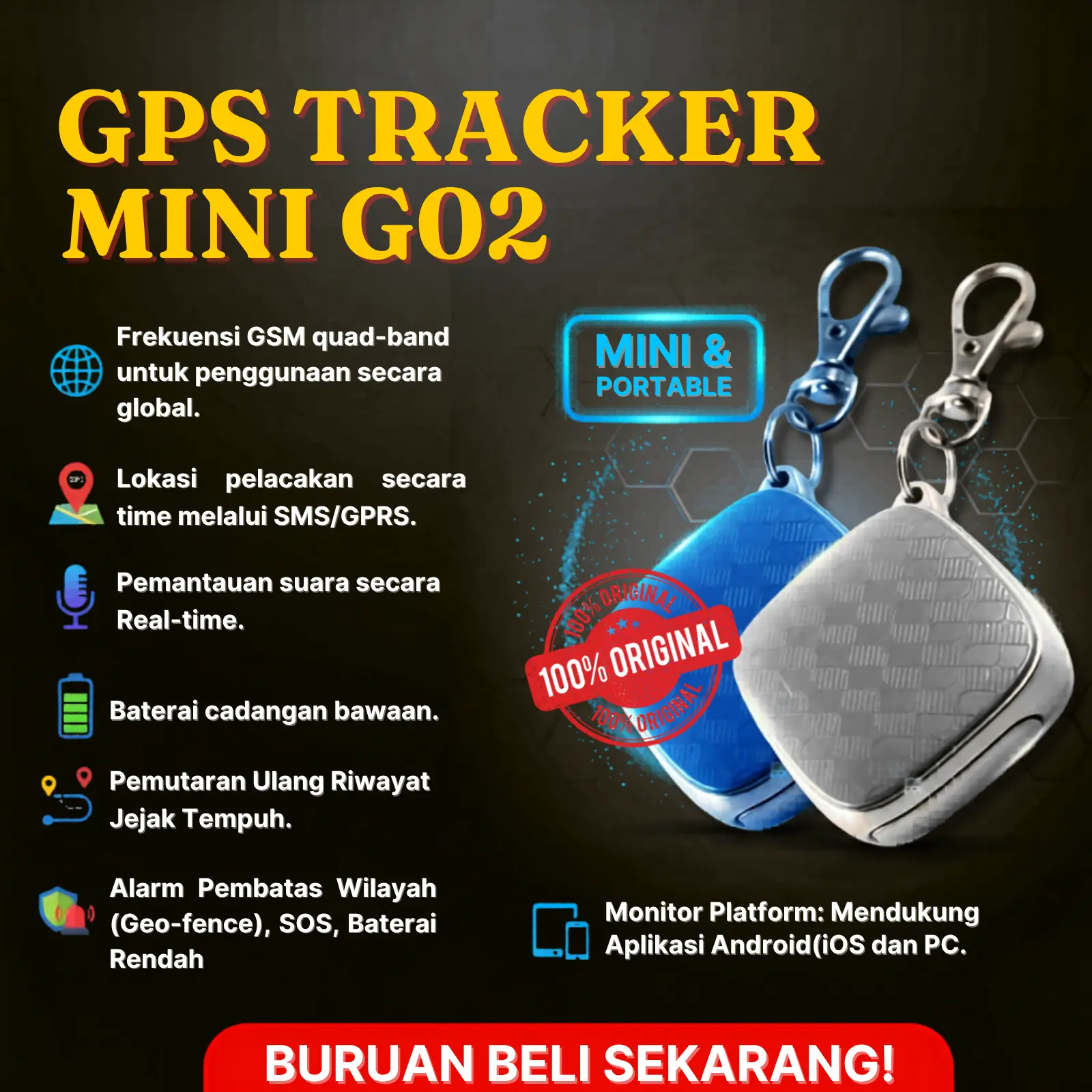 GPS Tracker MINI G02 GPS PORTABEL Bisa Buat Gantungan Kunci