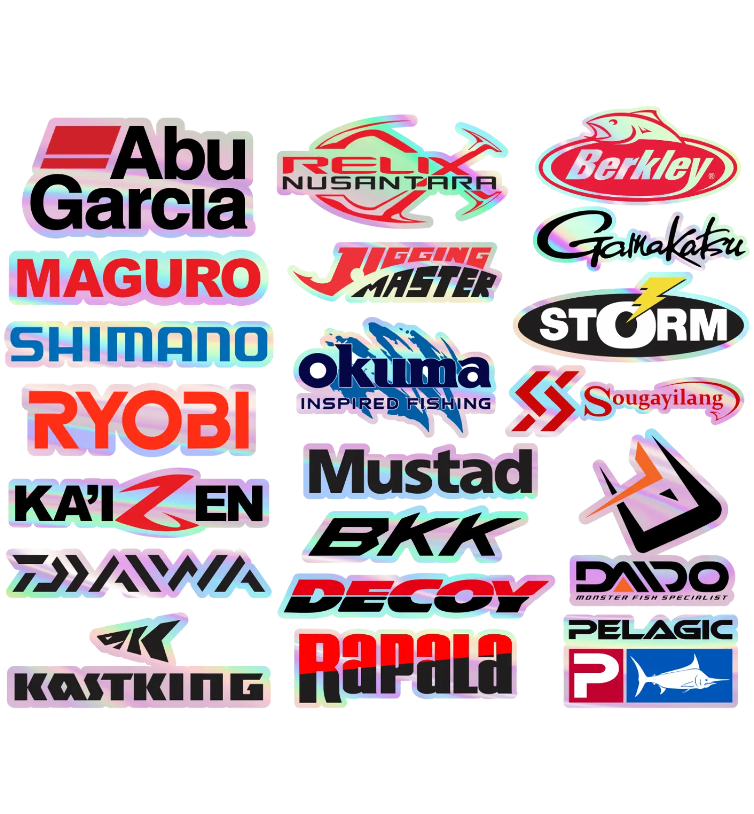 Stiker Pancing Hologram Pack Isi 20Pcs Logo brand mancing terkenal Murah Stiker untuk Tackle Box Kayak Kotak Lure Brand Mancing Alat Olahraga
