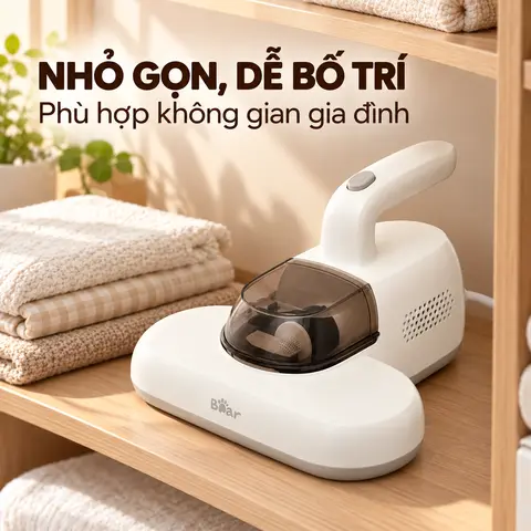 Máy hút bụi giường nệm Bear, thiết kế cầm tay nhỏ gọn, hộp chứa bụi trong suốt dễ quan sát, dây điện dài 3,9 m giúp thao tác linh hoạt, phù hợp làm sạch bụi bẩn trên nệm, ga giường, gối, sofa và các bề mặt vải trong gia đình