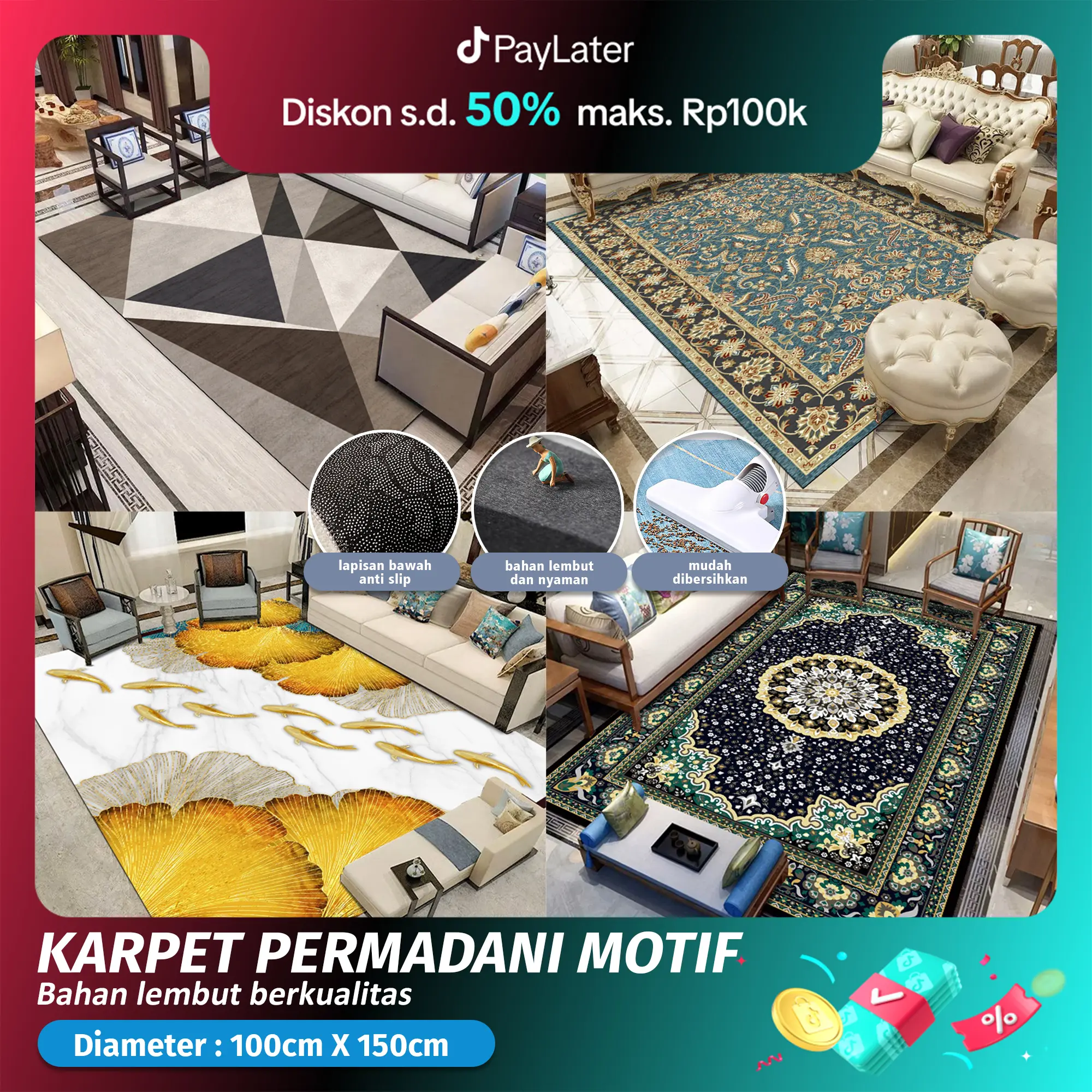 (HF) LOKAL Karpet Permadani Polyester UK 100x150cm Karpet Ruang Tamu Anti Slip