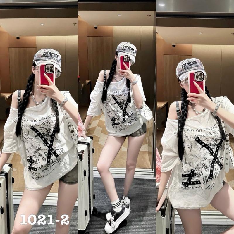 Áo lệch vai phối đai in hình Hàng QCL1, Áo phông lệch vai nữ vải xước xù 2 màu dáng rộng HOTTREND #Lynk nhi