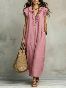Vestido largo de verano para mujer con cuello en V y volantes, falda larga con mangas que se mueven al viento, ropa elegante y estilosa para clima cálido