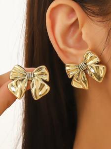 Arete de poste con moño grande, arete minimalista y lindo de acero inoxidable, diseño de moño doblado, joyería diaria para mujer, regalo perfecto para las fiestas