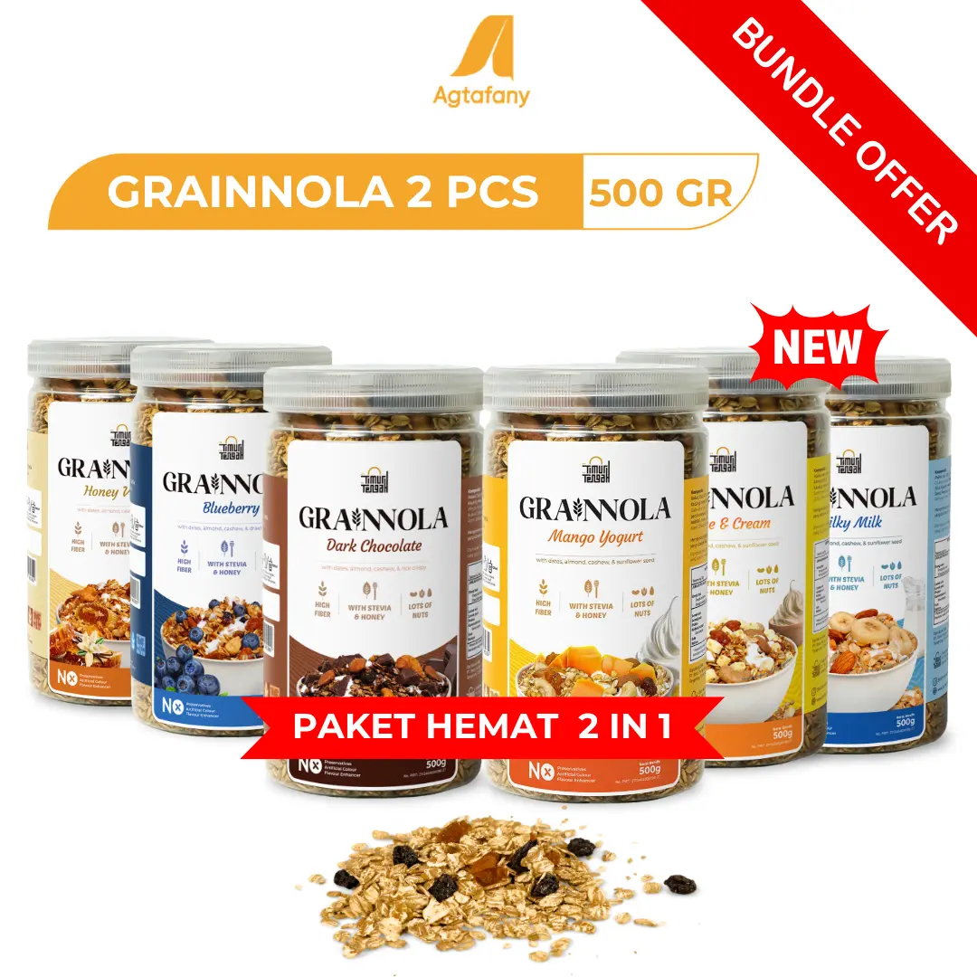 [Paket Hemat] 2 pcs Grainnola Dark Chocolate Coklat Vanilla Honey Blueberry Mango Yogurt Cheese and Cream Milky Milk Timur Tengah 500 gr | Cemilan Granola Sehat Sereal Makanan Kaya Serat