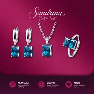blue-set1 Sandrina Set Perhiasan Batu Biru Cantik Bahan Zirkonia Anting Tusuk Kalung Rantai Nori Rings Emerald Cut Blue Cincin Soliter Klasik Elegan - Permata