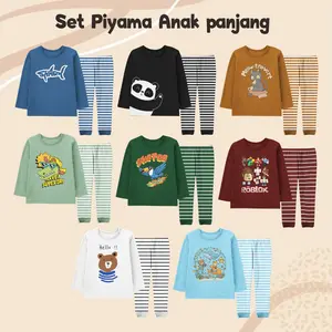 Setelan Piyama Panjang Motif Karakter Celana Strip Anak Laki-laki Perempuan