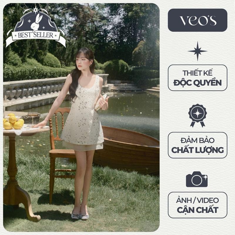 [VEO'S] CERI DRESS - Váy Thiết Kế Nữ Dáng Suông Hoạ Tiết Sequin Đính Nổi Đứng Form Đi Chơi Màu Kem Veo's Tiểu Thư Thanh Lịch