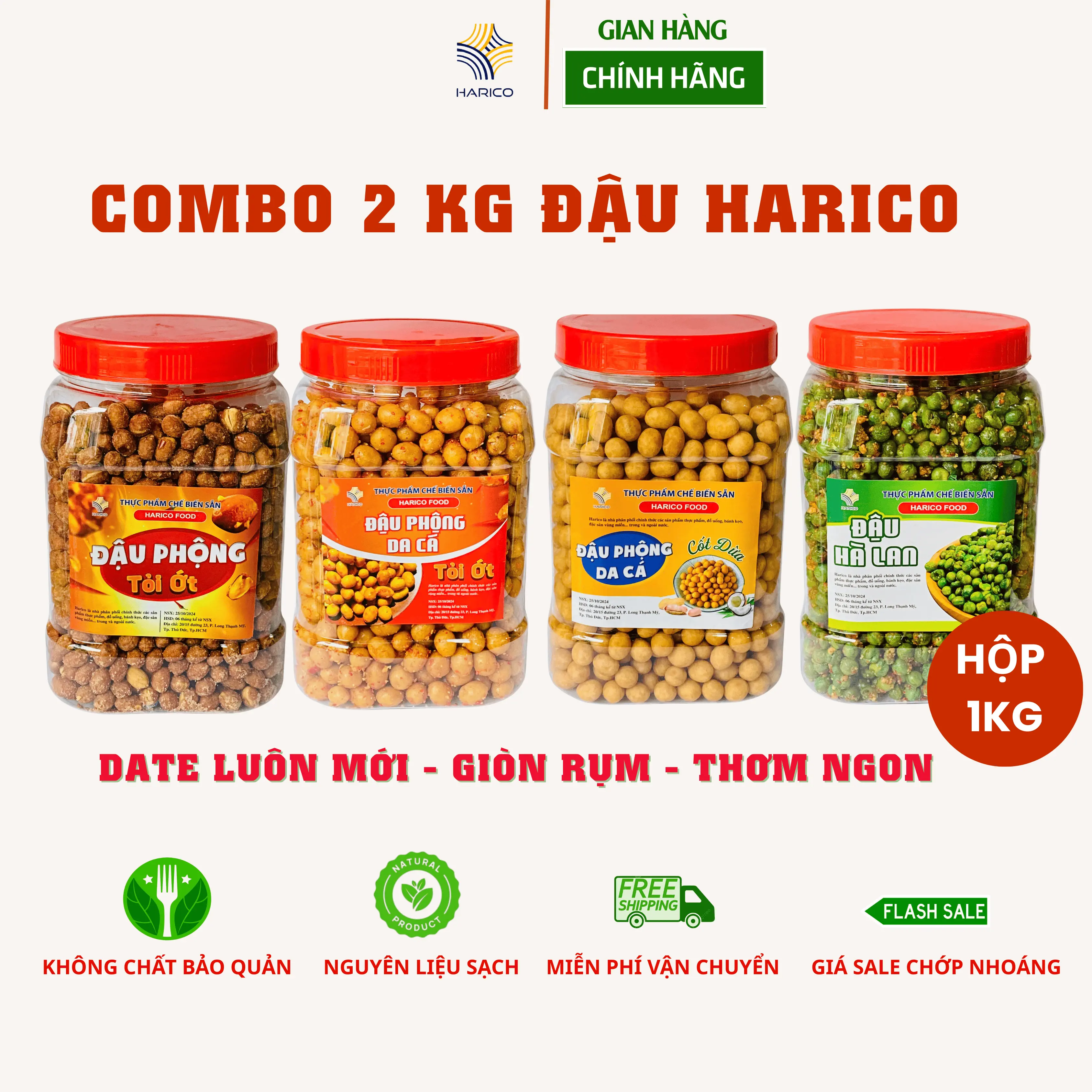 Combo 2Kg (2 Hộp): Đậu phộng da cá nước cốt dừa, phộng da cá tỏi ớt, phộng sấy tỏi ớt, Hà Lan tỏi ớt HARICO giòn tan béo ngậy thơm ngon Nuts Snack Ăn Vặt Food Thức Ăn
