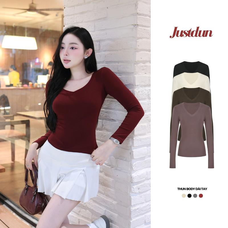 Áo thun nữ dài tay cổ tim Justdun chất cotton không pha nilon giữ nhiệt ôm body T28