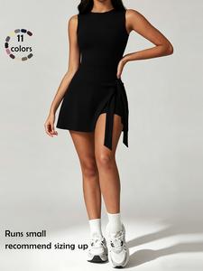 Vestido deportivo de color liso para mujer 2 en 1 con lazo en la parte delantera, Vestido corto deportivo sin mangas con cuello redondo para entrenamiento de tenis en el gimnasio, Ropa deportiva de mujer para todas las temporadas