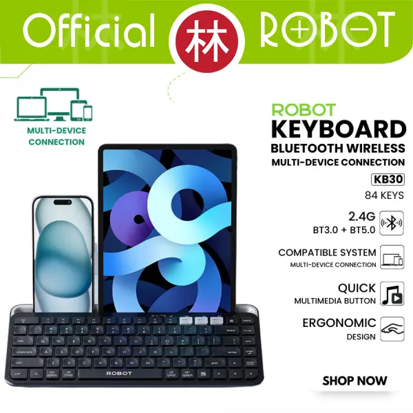 Robot KB30 Keyboard Bluetooth 3.0 + 5.0 + Wireless USB 2.4G Multi Device up to 3 Devices with Holder for Tablet Tab Phone New KB10 0