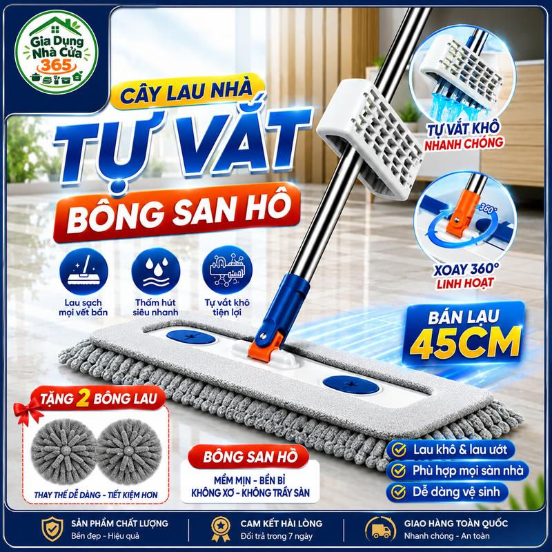 Cây Lau Nhà Tự Vắt Bông San Hô, Chổi Lau Nhà Tự Vắt Thông Minh Xoay 360 Độ, Tặng Kèm Bông Lau, Chổi Lau Nhà San Hô