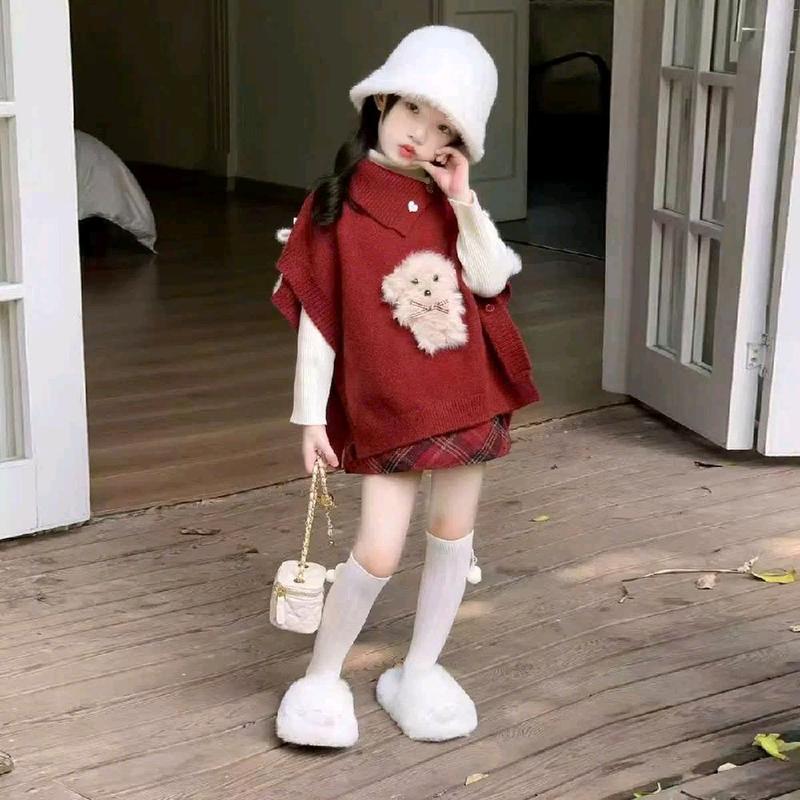   10-32kg  Set 3 chi tiết cho bé  áo gile len long tho + áo thun dài tay + chân váy dạ nhung  phù hợp cho bé mặc thu đông 