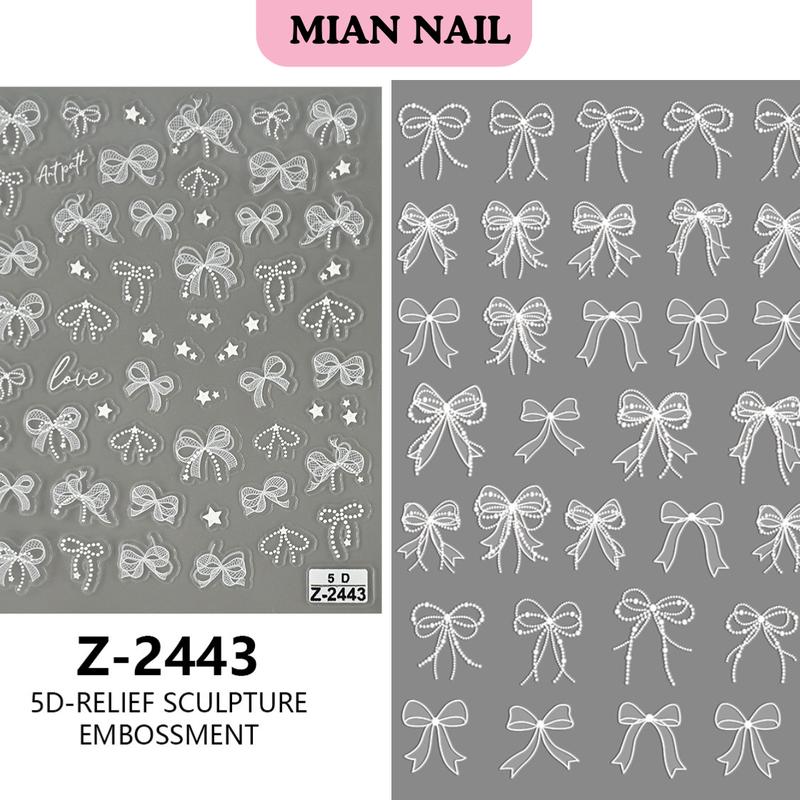  Sticker lụa miếng dán móng nổi 5D hình dán móng nơ xinh xắn màu trắng màu hồng 
