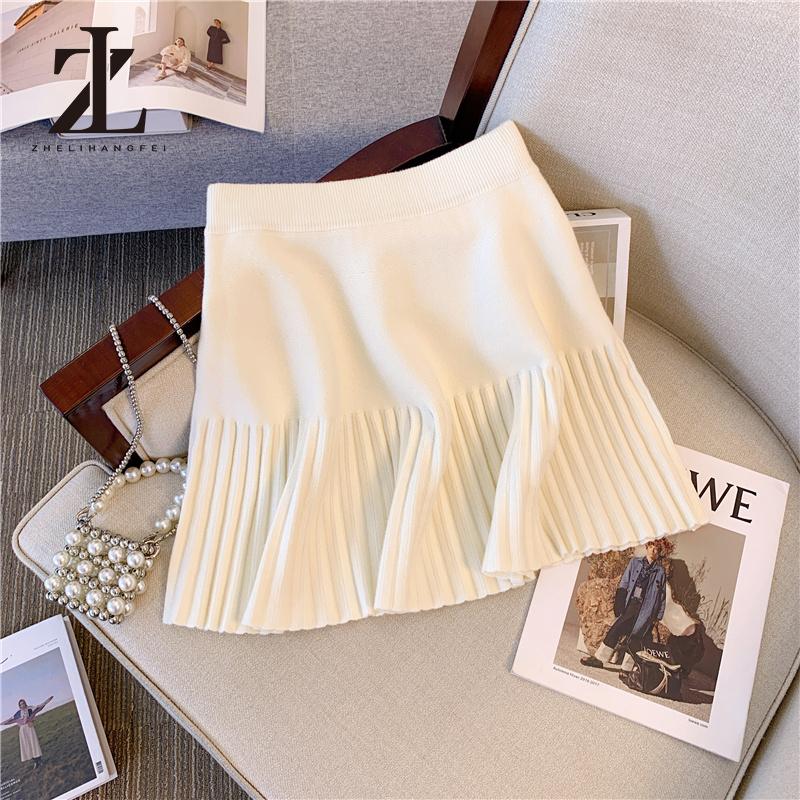 Váy dệt kim xếp ly ngọt ngào dành cho nữ mùa thu đông Váy chữ a lưng cao