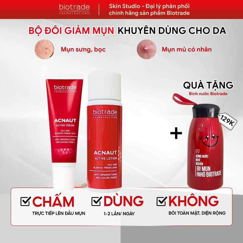 (TẶNG BÌNH NƯỚC)Combo kem chấm mụn Biotrade Cream 15ml + Lotion acnaut 15ml - Dành cho da dầu mụn hỗn hợp
