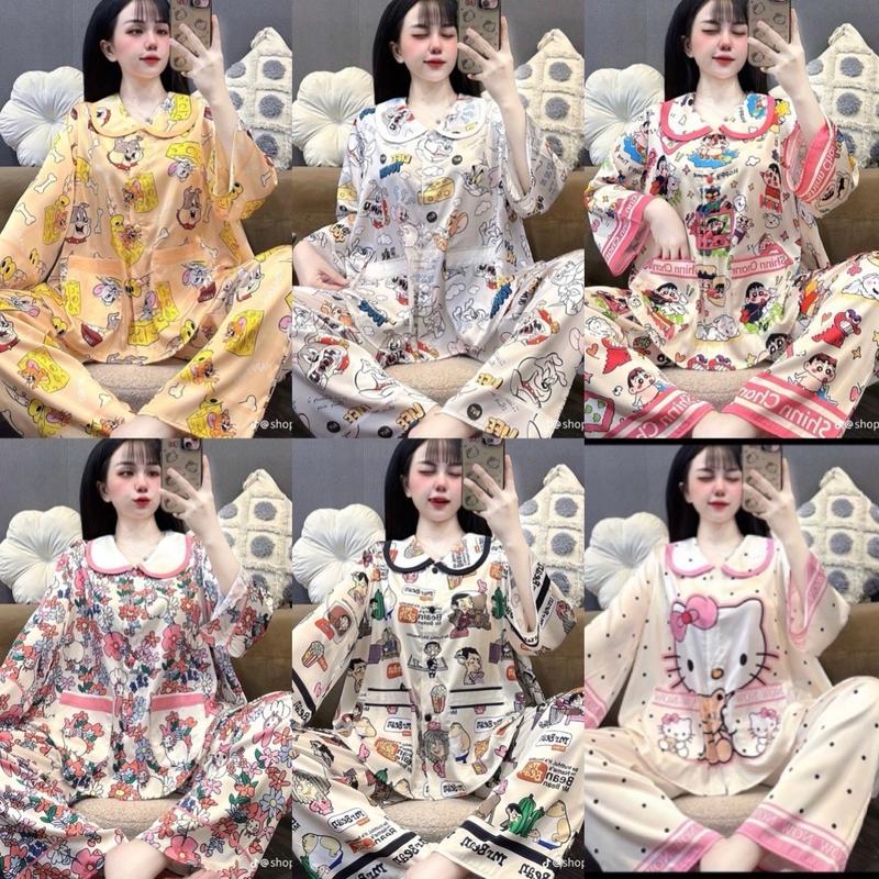 (40-58kg )  TAY LỞ  QUẦN 92cm CAO DƯỚI 1m63 bộ đồ ngủ pijama LỤA MỊN latin tim xanh mềm mịn mát