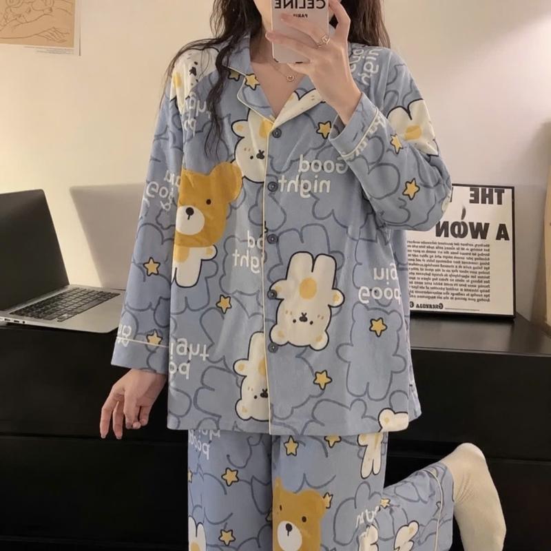 Bộ Pijama Nữ, Có Túi Áo nhỏ mặc nhà nhiều hình cute Áo Dài-Quần Dài Đồ ngủ Pijama - Họa Tiết Phối Viền- Phù Hợp Mặc Nhà Nhà Nhiều Mẫu Mã- Nữ Women