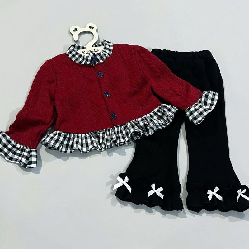   6-18kg  sét áo len phối bèo kẻ + quần loe gắn nơ HAI MÀU xinh xắn cho bé gái 