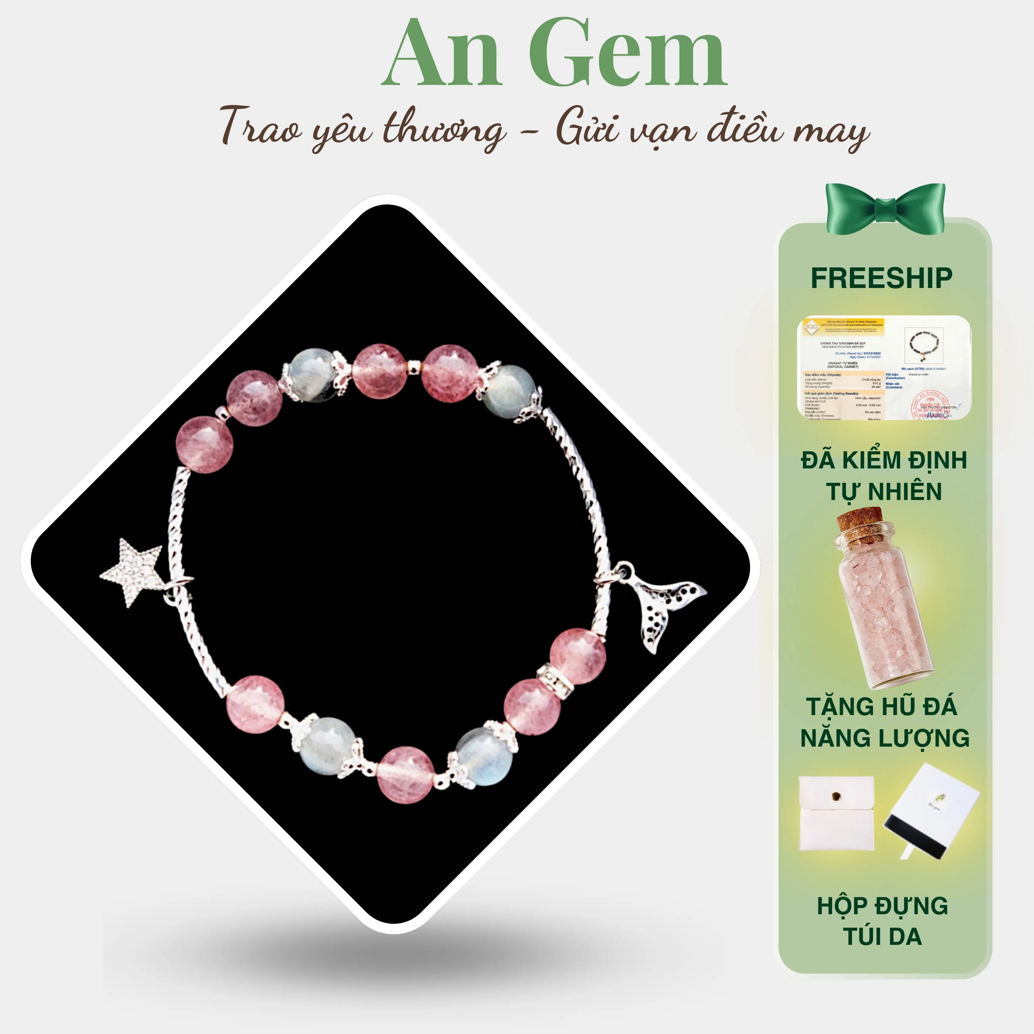 Vòng tay An gem đá dâu tây hồng mix xà cừ full charm lắc tay phong thuỷ đá dâu tây mix Labradorite phụ kiện đeo tay nữ quà tặng sinh nhật giáng sinh Noel Tết Valentine[TẶNG HŨ ĐÁ NĂNG LƯỢNG]