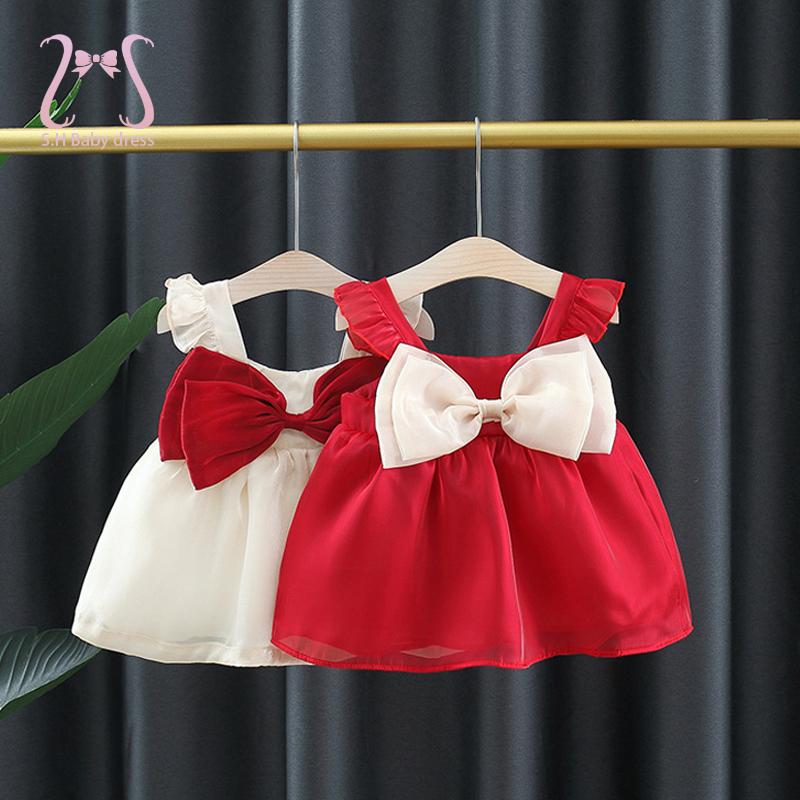 Product Introduction of Solid Color Baby Girls Summer Smooth Cool Children Clothes Sweet Korean Style Kids Bowknot Party Evening Dresses 0 To 3 Years 8