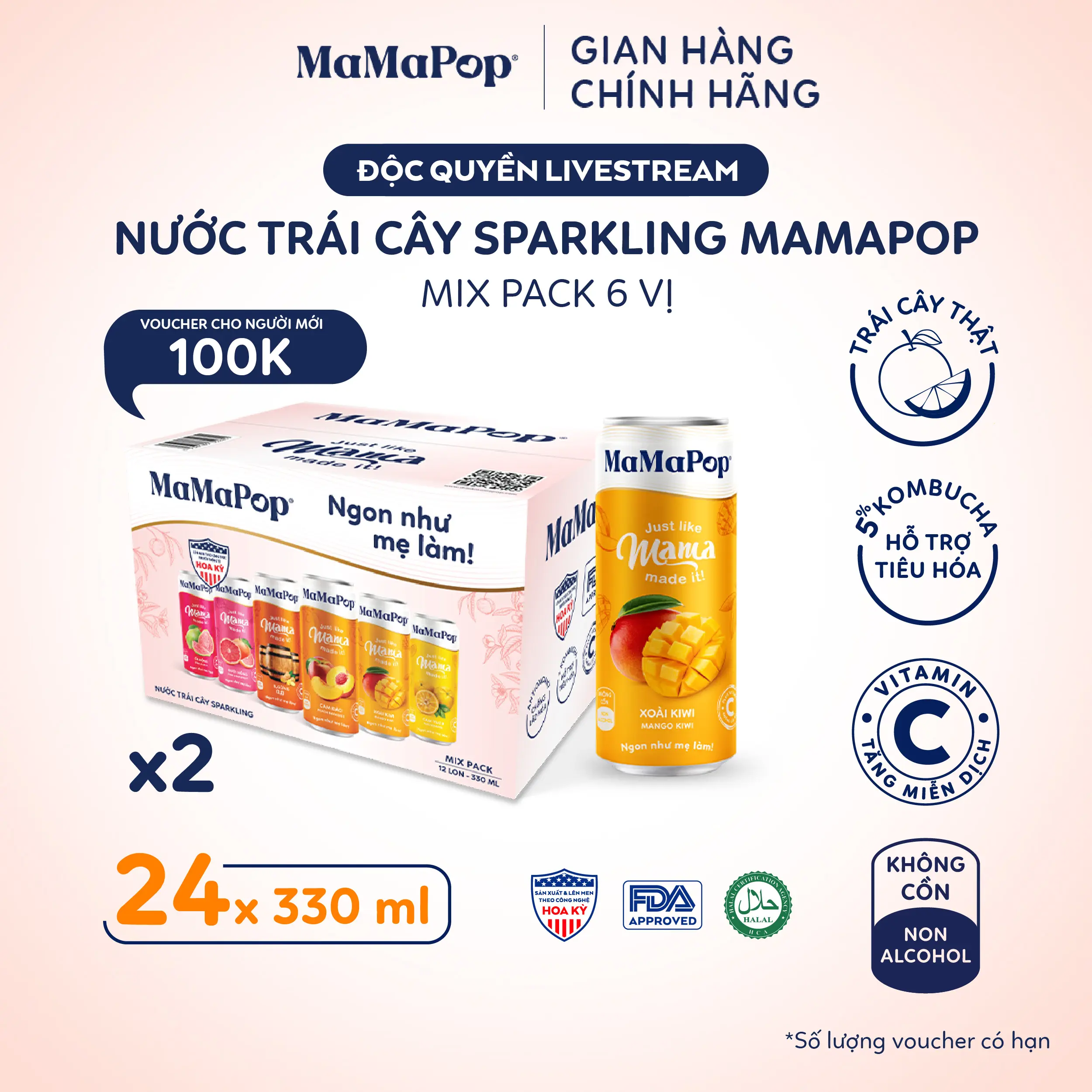 Combo 2 thùng 12 lon nước trái cây sparkling MaMaPop mix 6 vị (330ml x 24 lon)