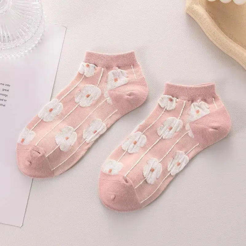 Kaos Kaki Wanita Korean Fashion Motif Flower Warna Pink Semata Kaki - KK1434 Ankle 1