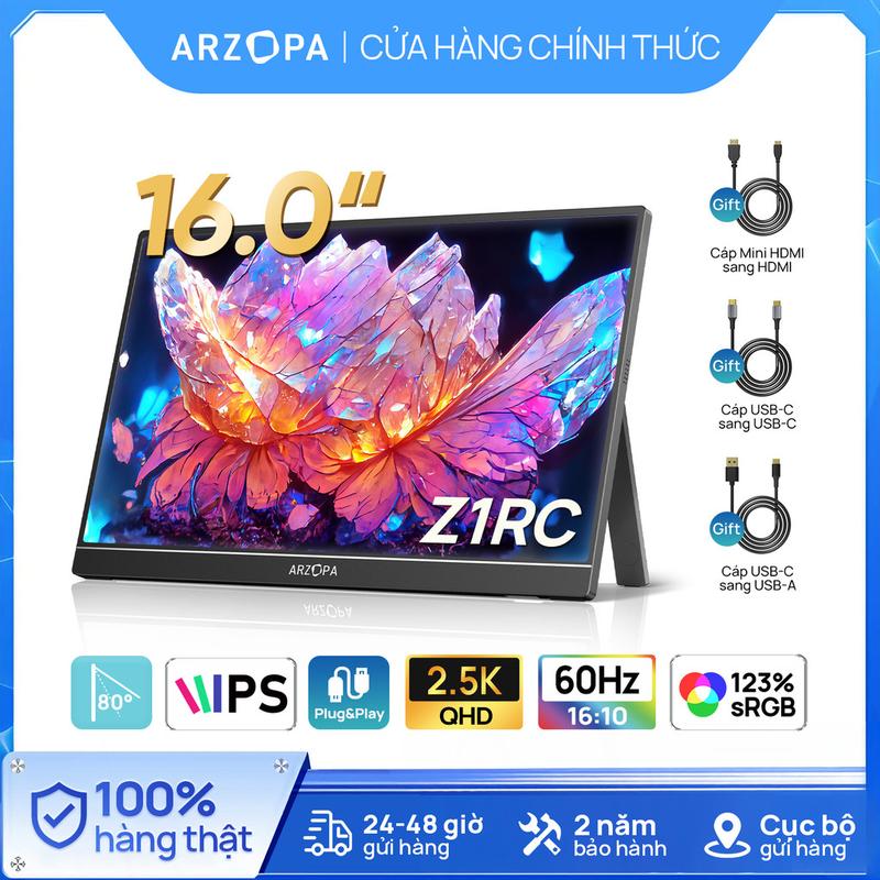 ARZOPA Z1RC, Màn hình di động 16 "2.5K, Giá đỡ chân đế HDR 2560x1600, Màn hình máy tính xách tay HDMI 350nits 8bit QHD USB-C, Màn hình IPS 16: 10 cho điện thoại Mac PC PS Xbox Switch