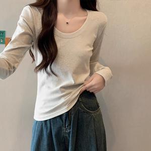 Women's Cotton Long Sleeve U-Neck Top, Fall Winter Design Sensational Slim-Fit Inner Layer Shirt 7347# Womenswear Basic Casual Crewneck Minimalist