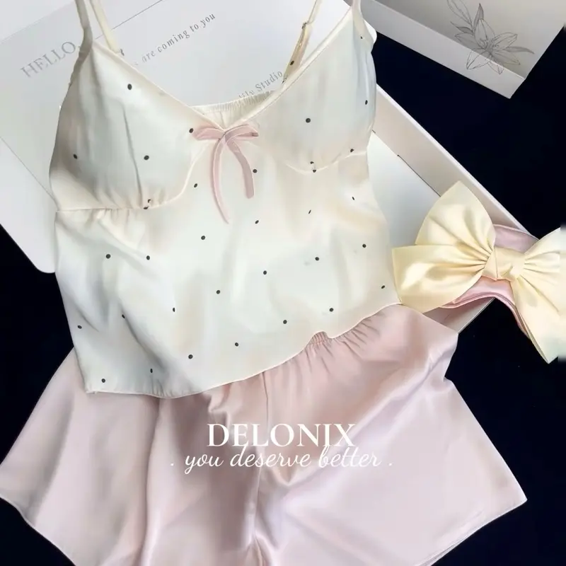 B23 Đồ bộ ngủ lụa chấm bi cách điệu 2 dây có mút tôn dáng dễ thương chuẩn hàng Quảng Châu cao cấp nữ DELONIX đồ bộ đồ ngủ 5