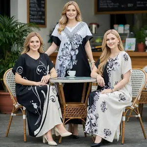 Daster Model Kaftan Hitam Putih Baju Tidur Santai Wanita Ld 125cm Pb 115cm Bahan Rayon Kualitas Premium Dress Pendek Busui Lembut Nyaman Motif Dewasa Kain