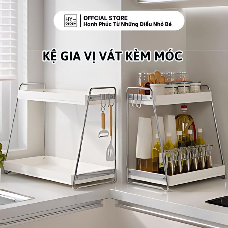 Kệ đựng gia vị nhà bếp 2 tầng Hygge để bàn chịu lực chắc chắn Kệ lưu trữ để đồ đa năng có móc treo tiện lợi