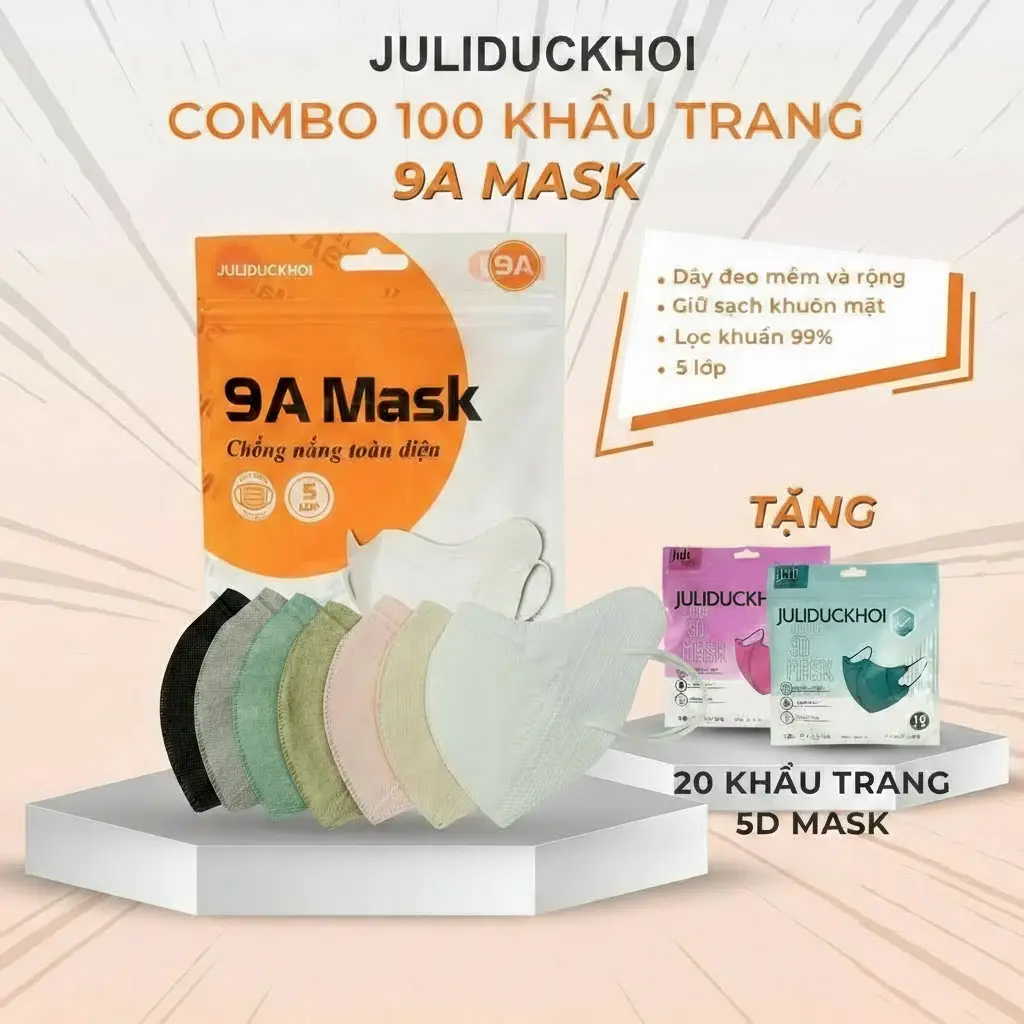 [ MUA 100 tặng 20c 5D ] Khẩu trang 9A JULIDUCKHOI 5 lớp Kháng khuẩn, Chống Nắng,Dày dặn che kín khuôn mặt
