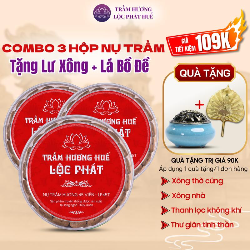 [TẶNG LƯ XÔNG + LÁ BỒ ĐỀ] Combo 3 hộp trầm nụ xông nhà Lộc Phát Huế, nhang nụ, trầm hương phong thủy hộp 45 viên 0