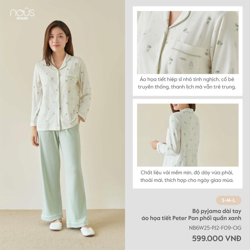   KOL Nous Mom  Bộ quần áo pyjama dài tay in họa tiết mặc nhà chất liệu thấm hút thoáng mát BST T9 