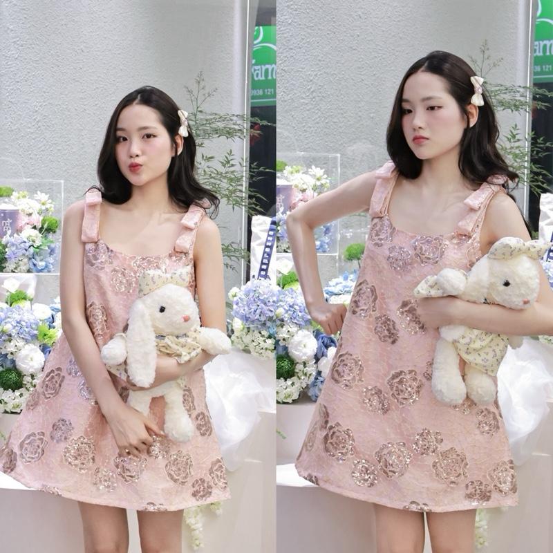  DAILY01 Váy babydoll đính hoa kim tuyến nơ vai siêu điệu tiểu thư. Thời trang nữ cao cấp. 