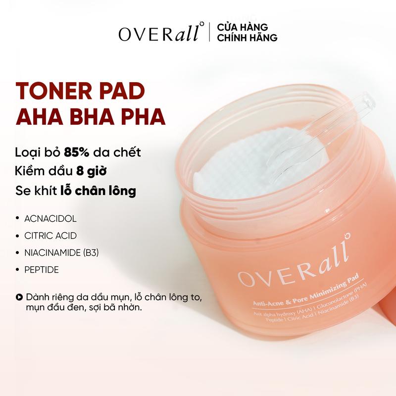 Toner Pad OVERall AnTi-Acne & Pore Minimizing Kháng Khuẩn, Kháng Viêm Các Nốt Mụn Và Thu Nhỏ Lỗ Chân Lông Skincare Làm Đẹp Da Chăm Sóc Da Giảm Mụn [60 Miếng/ 160g] toner kiemdau cho da dầu mụn