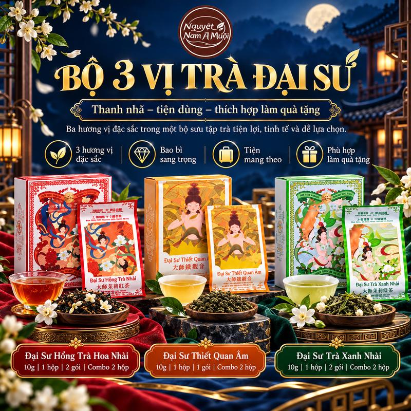 COMBO trải nghiệm hương vị trà đạo, đại sư trà xanh nhài, đại sư trà thiết quan âm, đại sư hồng trà nhài, 6 Hộp 10 gói nhỏ 5g 1 gói