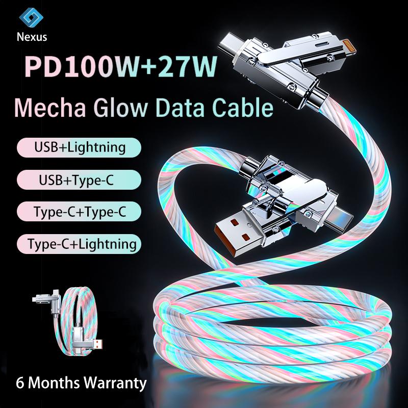 【Nexus Cáp dữ liệu phát sáng 4 trong 1 100W PD 27W Cáp dữ liệu Type-C sang Type-C Cáp sạc nhanh cho iPhone Infinix Samsung Huawei Xiaomi Lenovo OPPO Vivo Redmi Type-C sang USB/Điện thoại thông minh/Điện thoại di động/Điện tử/Bộ sạc/Phụ Kiện