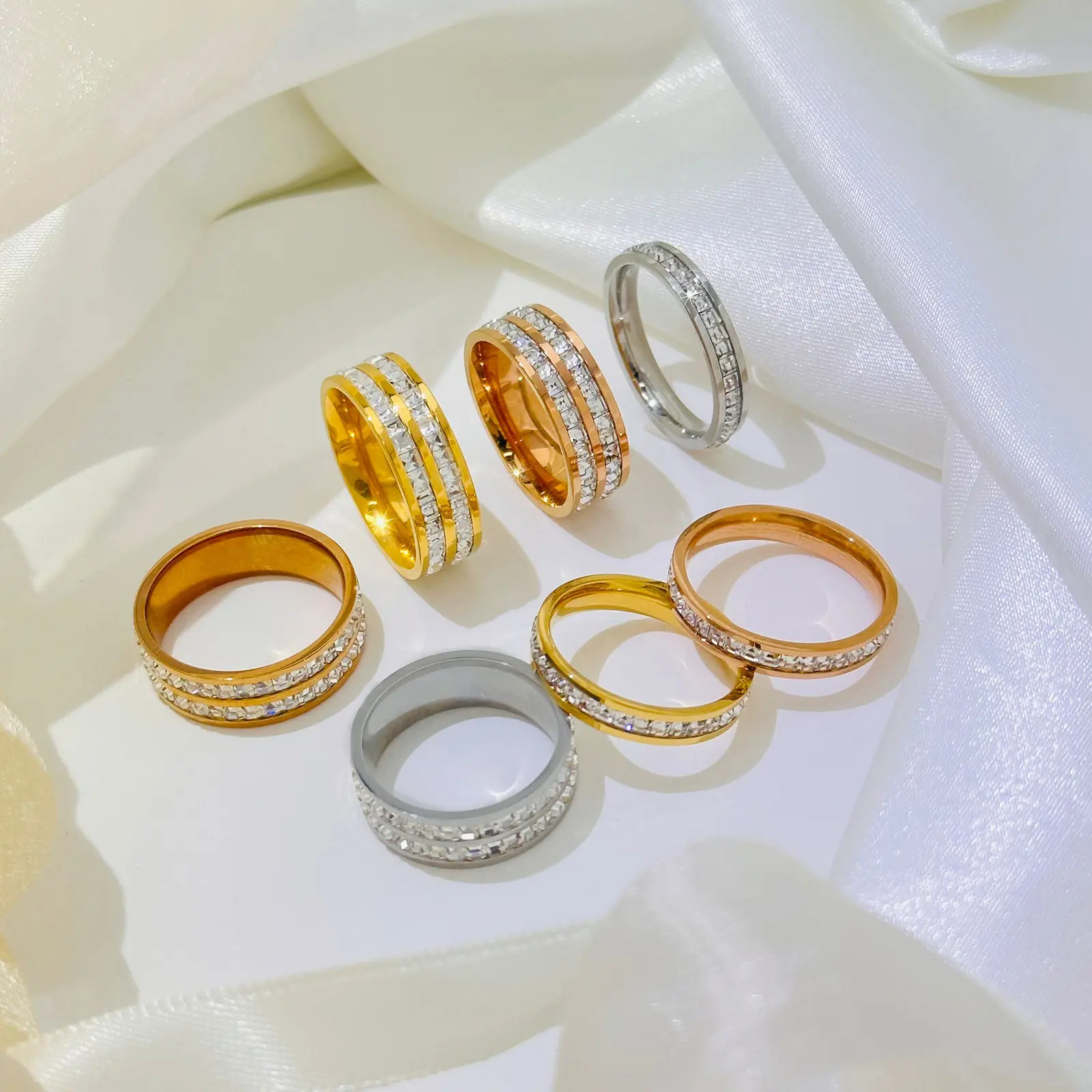 Stainless steel rings as jewelry grade plated with 18k gold, inlaid beautifulzircons,it's a fashion piece for women and girls.