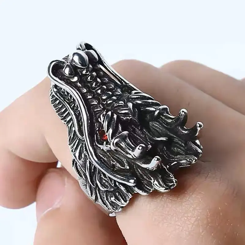 【Perenolr】Fashion Vintage Male Ring Domineering Red Eye Personality Punk Jewelry Dragon Head Ring 3